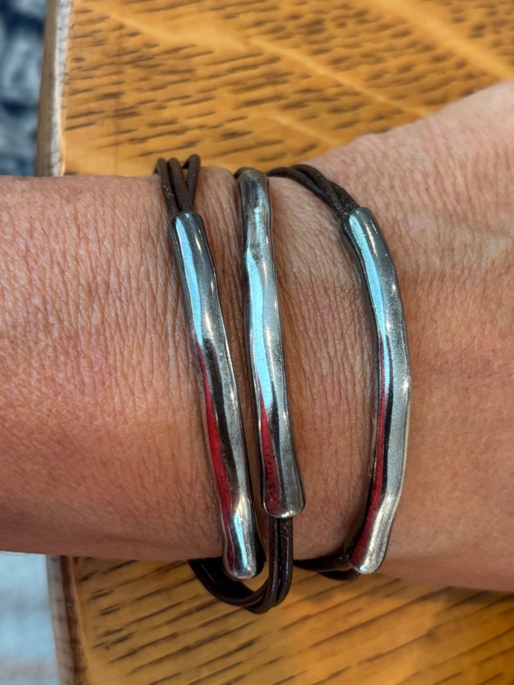 Uno de 50 Triple Leather Wrap Bracelet with Silver Tone Bars